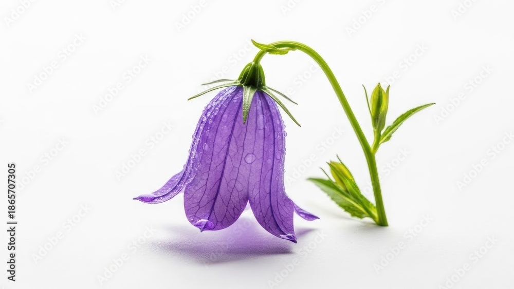Obraz premium International women's day Dewy purple bellflower on white surface | international, women's day, purple, flower, equality, celebration.