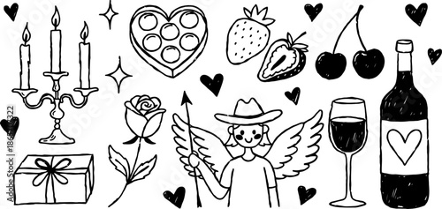Adorable hand-drawn romantic doodles collection for love celebrations and Valentine's Day, featuring Cupid, candles, chocolates, wine, and sweet fruits