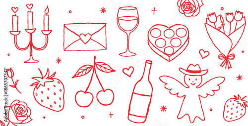 Hand-drawn Valentine's Day icons for romantic celebrations and gifting, featuring love symbols and sweet treats