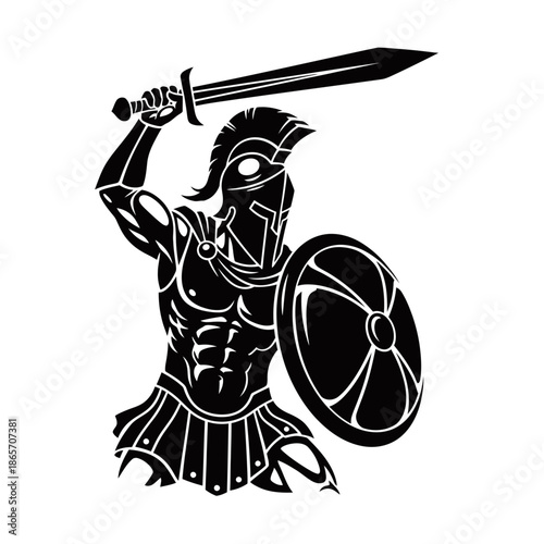 A black and white illustration of a warrior in full armor, holding a sword and shield, ready for battle.