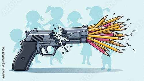 Gun shooting pencils instead of bullets symbolizing education and peace over violence with children silhouettes in the background