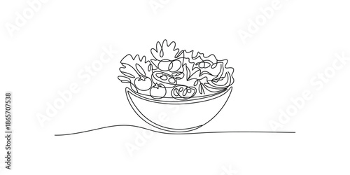 Continuous one line drawing of Vegetables salad on bowl, Single line art vector illustration.