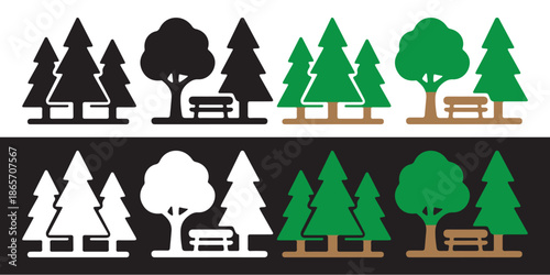 Park Icons Set. Trees, Bench, Silhouette, Color And Outline Styles.