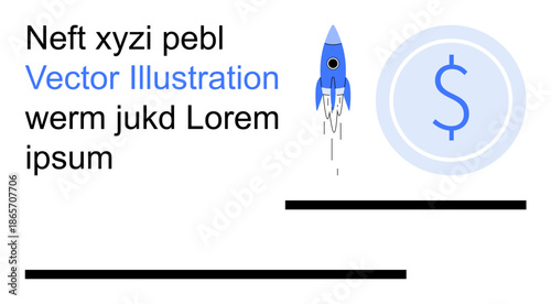 Business growth, finance, investment, startups, economic success, innovation. Blue rocket launching and dollar sign icon on clean background. Business growth and finance concept