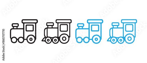 Simple Line Art Toy Train Icon Set. Black and Blue Variations.