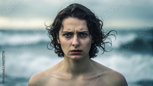 Deeply Upset Intense portrait of a person with wet hair, standing against a turbulent ocean backdrop.