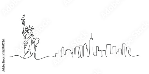 Continuous one line drawing of Liberty Statue, USA landmarks and New York city, Editable stroke vector illustration.