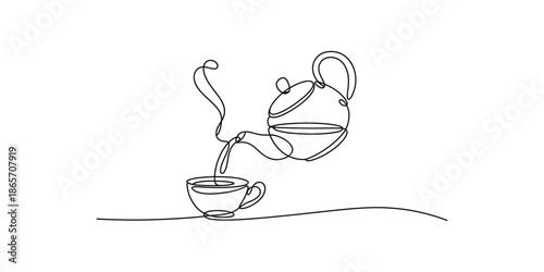 Continuous one line drawing of Teapot pouring tea into a cup, Single line art vector illustration.