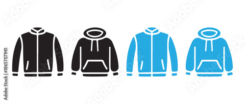 Set of flat icons representing hoodies and zip-up jackets in black and blue.