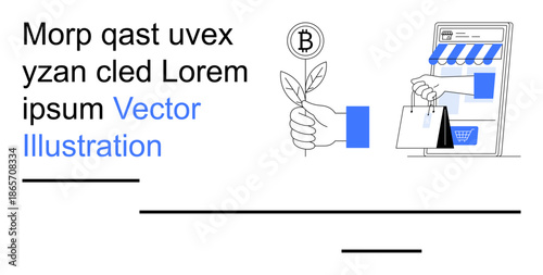 Digital economy, cryptocurrency, e-commerce, sustainability, blockchain, financial technology. Image features a Bitcoin coin with a plant and online shopping elements. Digital economy