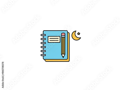 A cartoon notebook with a pencil and a crescent moon icon on a white background
