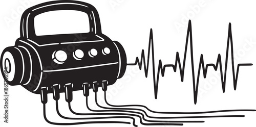 Vintage Radio with Wires and Sound Wave on White Background