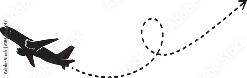 Black Airplane Flight Path Dotted Line Vector Graphic
