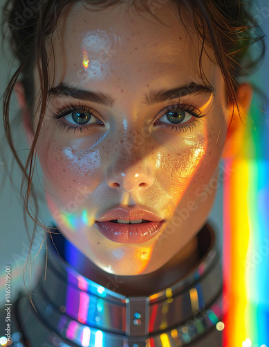 Prismatic Beauty: A mesmerizing portrait of a woman, illuminated by the vibrant hues of a rainbow, creating a captivating display of light and color.