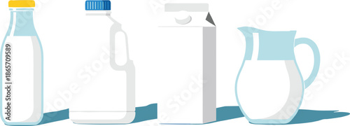 Collection of dairy milk packaging icons including glass bottle plastic jug carton and glass pitcher, cad drawing flat vector illustration, isolated,
