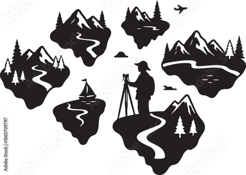 Silhouette of a photographer in a scenic landscape with mountains