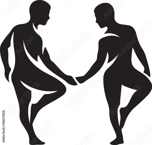 Silhouette of two nude people holding hands in dance