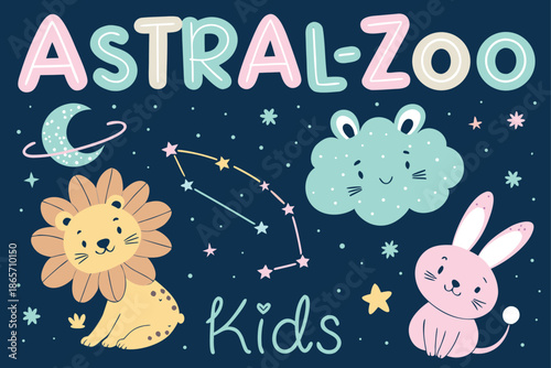 A vibrant and playful logo featuring cute animals and chunky letters, set against a starry night sky, perfect for kids' brand or product