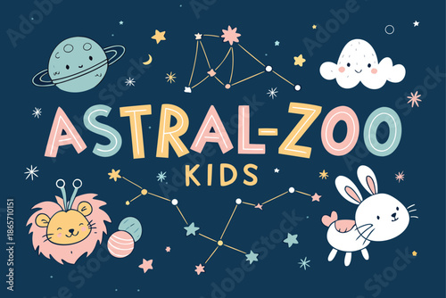 Vibrant Astral Zoo Kids logo featuring chunky letters and adorable animals in a starry night sky, perfect for kids' branding and educational materials