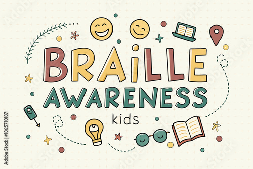 A colorful and engaging logo promoting braille awareness for kids with rounded letters and fun illustrations