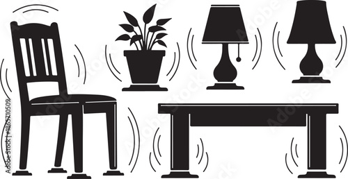 Simple black furniture and plant in a room with motion lines