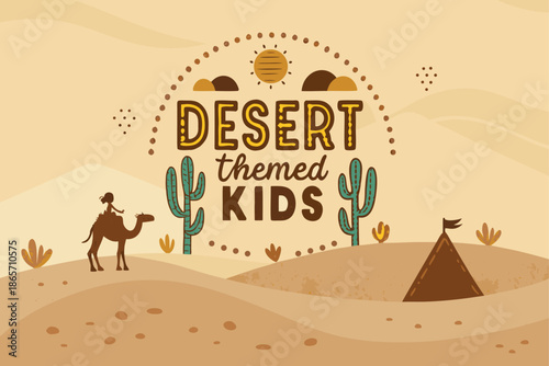 A fun and vibrant desert themed kids logo with a camel, cactus, and tent, perfect for educational or adventure brands targeting young explorers