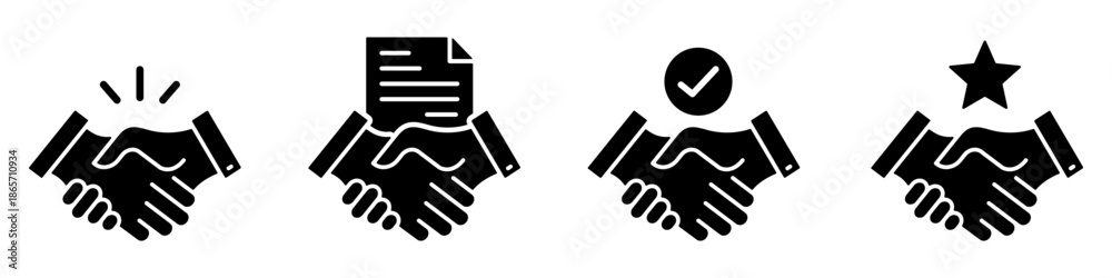 © RI Rafiq - Business handshake solid icon collection. Agreement, partnership, customer satisfaction, successful deal with contract, and star design elements. Vector illustration transparent PNG © RI Rafiq - Business handshake solid icon collection. Agreement, partnership, customer satisfaction, successful deal with contract, and star design elements. Vector illustration transparent PNG