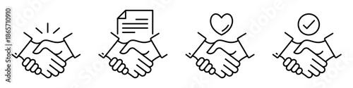 Handshake icon set. Agreement, partnership, and successful deal with contract, heart, and check mark design elements. Vector illustration transparent PNG