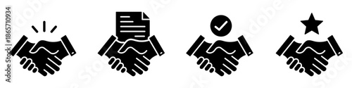 Business handshake solid icon collection. Agreement, partnership, customer satisfaction, successful deal with contract, and star design elements. Vector illustration transparent PNG