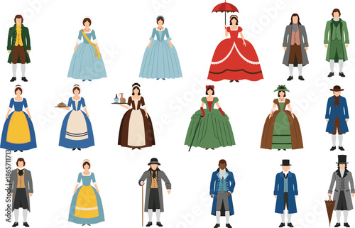 Photos Collection of historical people characters in vintage 18th century colonial clot