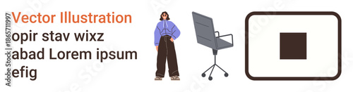 Office workspace, interior design, business branding, abstract shapes, modern corporate , visual design. Woman standing with a modern chair and block design. Office workspace and interior design