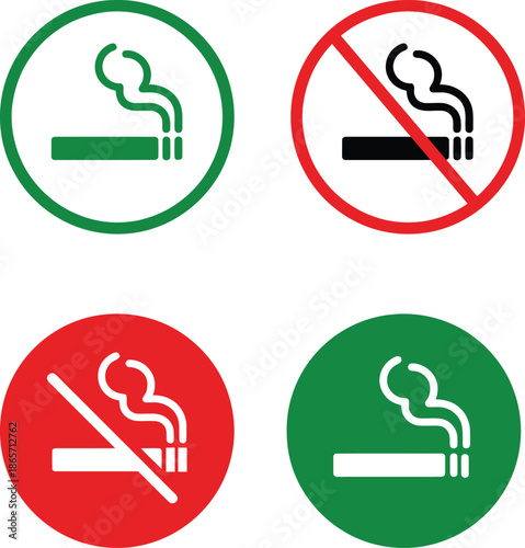 Smoking and no smoking signs in green and red circles