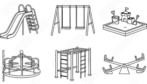 A black and white illustration of various playground equipment in silhouette mode