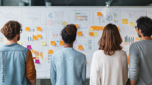 Team brainstorming with whiteboard full of charts and sticky notes, clean modern office