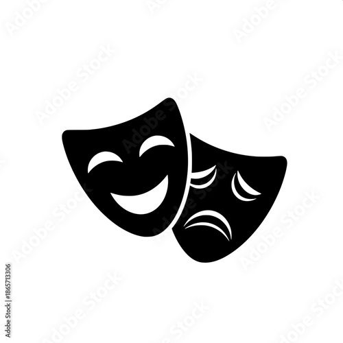 Minimalist theater masks logo, black comedy and tragedy masks side-by-side, slightly overlapping, flat vector style, solid black shapes with white curved facial lines, high contrast, white background,