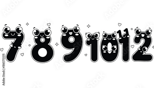 A playful cartoon illustration of numbers with cute faces and hearts silhouette