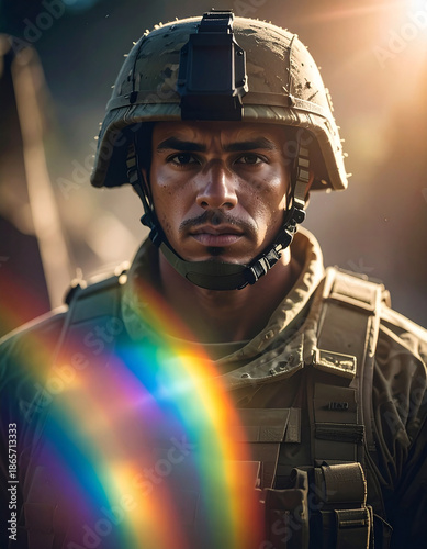 Soldier: A determined soldier stands tall, embodying strength, resilience, and unwavering commitment. The sunlight casts a halo, emphasizing the individual's dedication to duty, bravery.