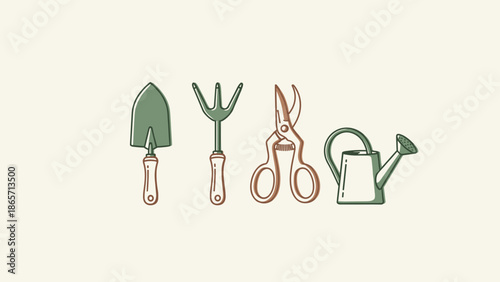 Gardening Tools Illustration Shovel Fork Shears and Watering Can.