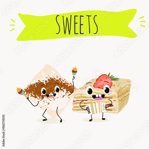 Funny Characters Turkish Tavuk Gogsu, Gullach, dessert, Eastern sweets. Hand drawn vector illustration.