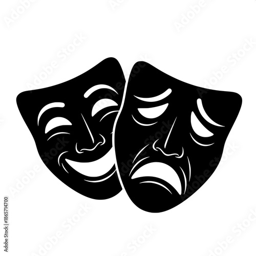 Graphic illustration of comedy and tragedy masks, happy mask on the left behind a sad mask on the right, bold black silhouettes, white line facial features, flat design, stark white background