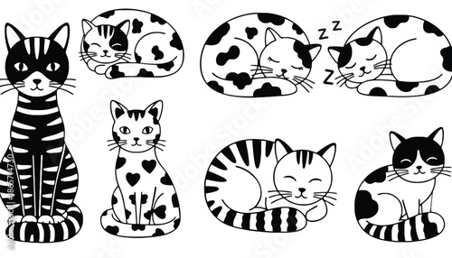 A black and white illustration of cute cats in various poses silhouette