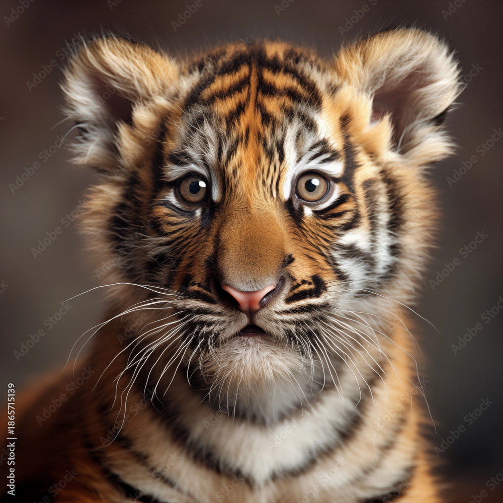 Fototapeta premium Adorable Baby Tiger Cub Close-up Portrait with Striking Orange and Black Stripes, Expressive Eyes, and Soft Fur. A captivating image of wildlife, innocence, and natural beauty.