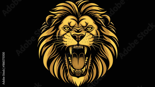 Golden Lion Roaring with Ferocity and Power on Black Background.
