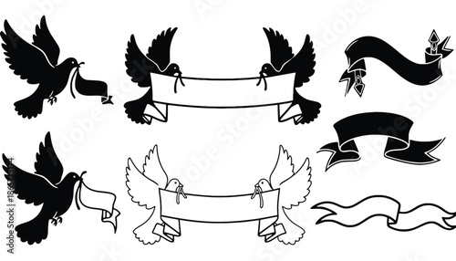 A collection of dove silhouettes holding ribbons and banners in flight silhouette