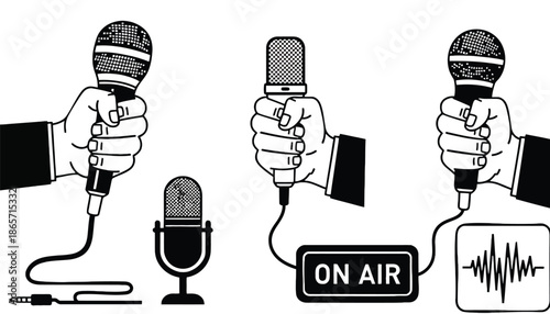 A graphic illustration of hands holding microphones with on air sign