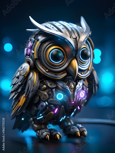 blue owl robot on a black background.