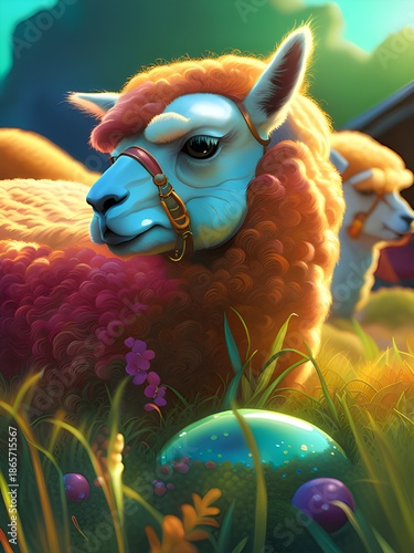 cartoon illustration of funny alpaca in the meadow with flowers