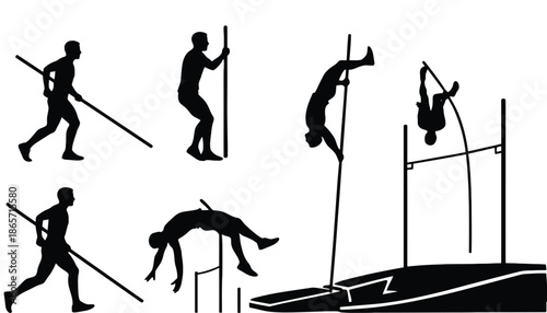 A male athlete in various pole vaulting positions in silhouette