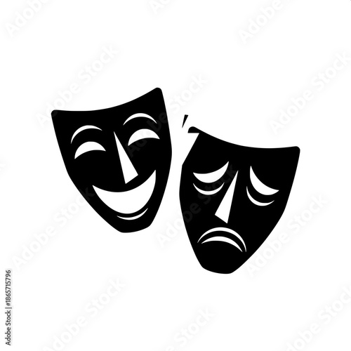 High-contrast drama icon, black comedy and tragedy masks, flat illustration, clean geometric shapes, white background, contemporary graphic design