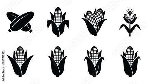 A set of black silhouettes of corn and a satellite dish on a white background silhouette